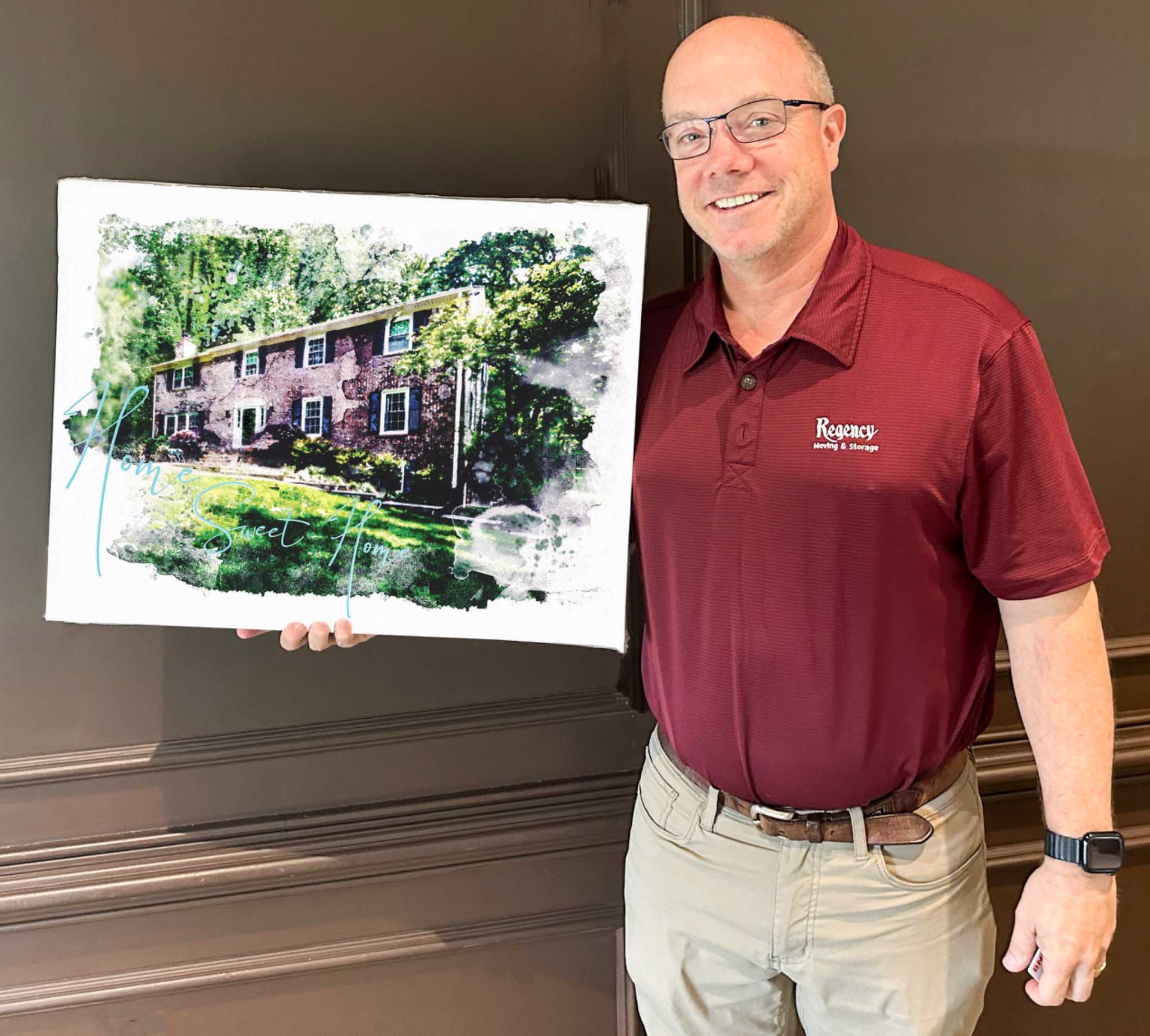Cliff K.'s anniversary gift: a watercolor house portrait, treasured by his wife.